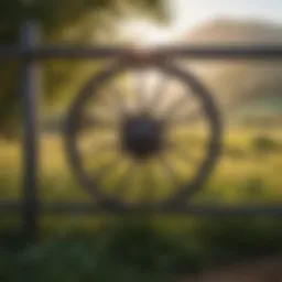 A wheel-equipped fence door in a lush agricultural landscape