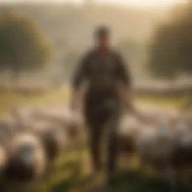 A shepherd using a crook to guide a flock of sheep in a pastoral setting