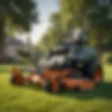 A sleek zero turn mower in action across a lush green lawn
