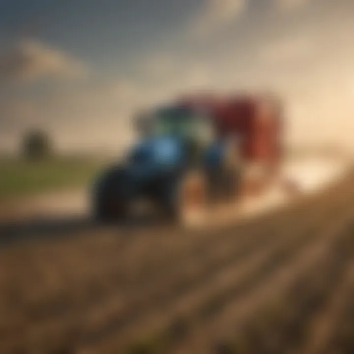 Agricultural landscape with a three point boom sprayer in action