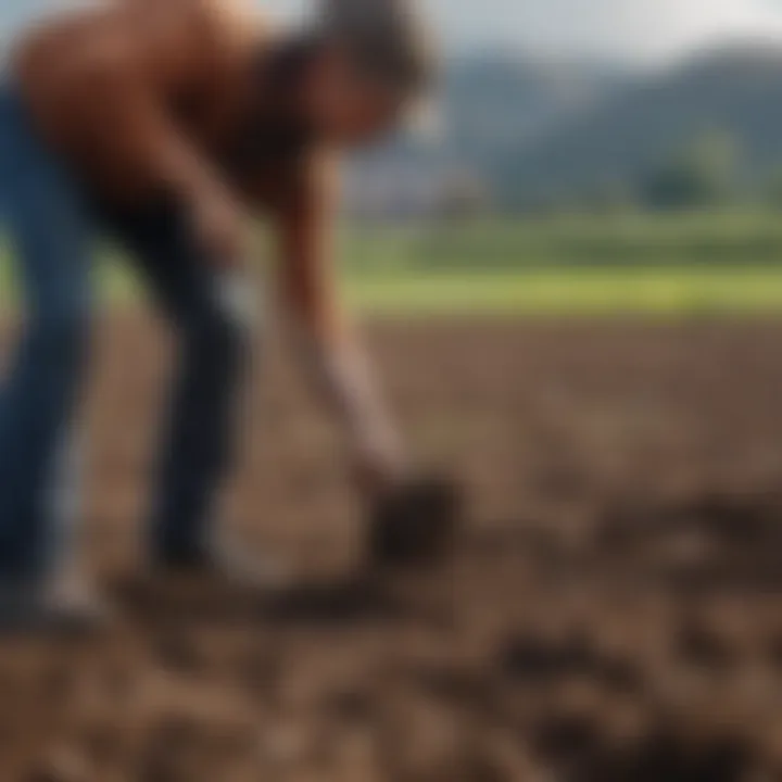 A farmer assessing local soil conditions before planting grass