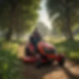 A Toro rider mower navigating through a lush landscape