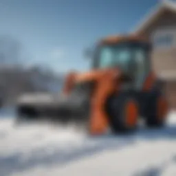 Turf snow pusher in action clearing snow from a lawn