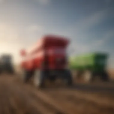 Different types of dry fertilizer spreaders displayed side by side