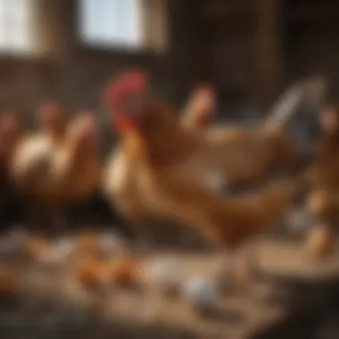 Chickens exhibiting egg-eating behavior in a coop