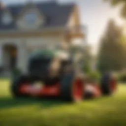 A high-quality American-made push lawn mower on a vibrant green lawn