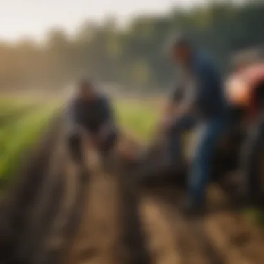 Farmers Analyzing Rototiller Features Farmers discussing the features of Countyline rototillers