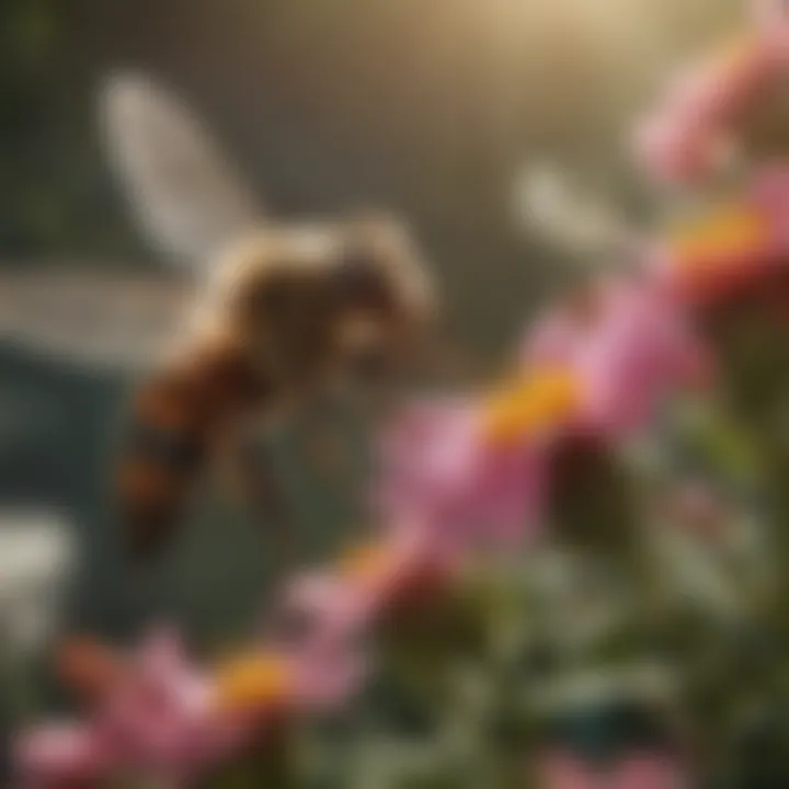 A vibrant pollinator at work among blooming flowers