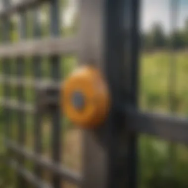 An agricultural gate equipped with an electric latch in a farm environment.