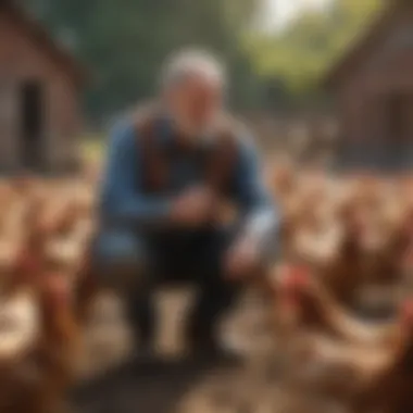 A farmer interacting gently with free-range chickens on a sustainable farm