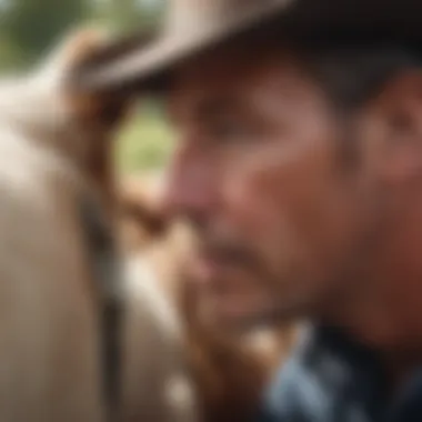 A farmer examining livestock with ear tags