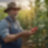 A farmer inspecting crops for pest damage