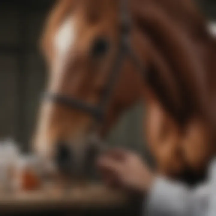 A veterinarian examining a horse with medication in hand