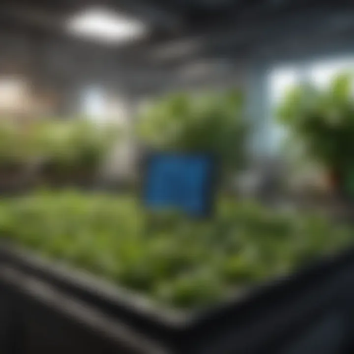 A high-tech control panel displaying environmental parameters for a hydroponic setup