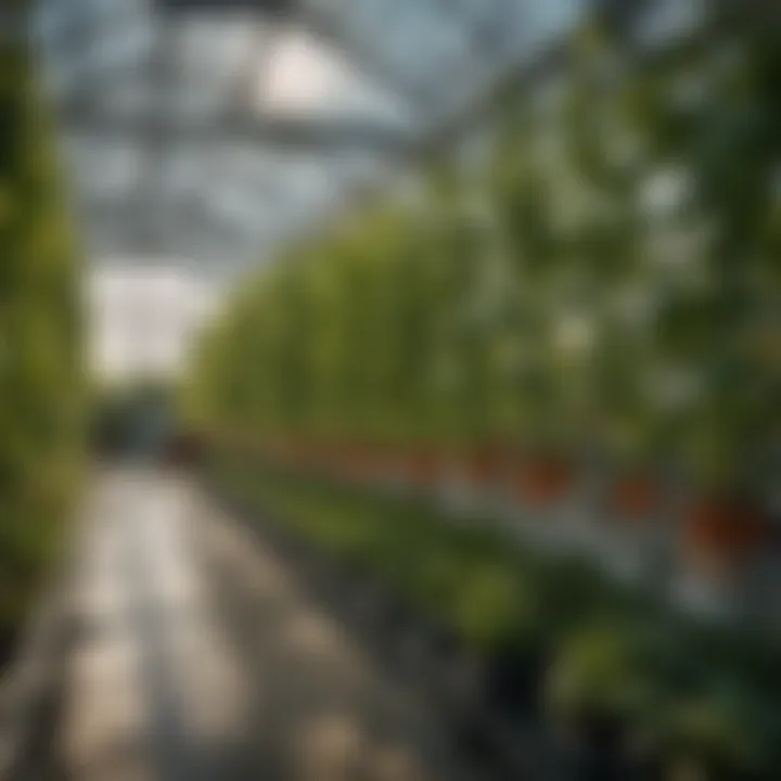 An overview of different types of hydroponic systems arranged in a greenhouse setting