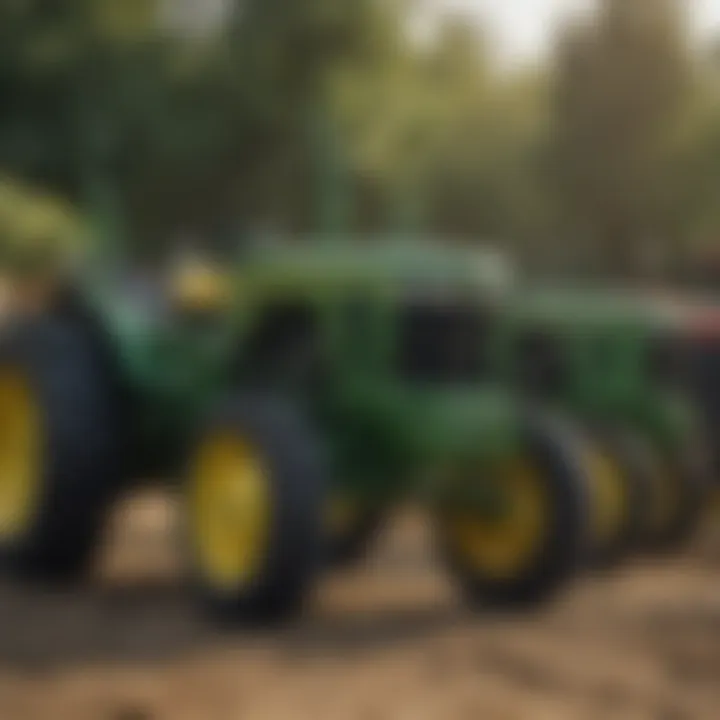 Various models of John Deere tractors lined up