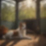 A dog lounging in a shaded kennel area