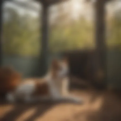 A dog lounging in a shaded kennel area