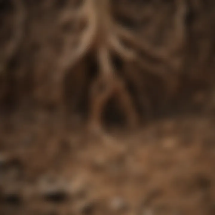 A close-up of soil layers and plant roots, highlighting the geographic factors influencing land view landscapes.