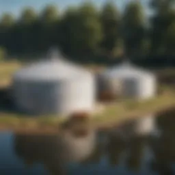 Diverse types of livestock water tanks in a farm setting