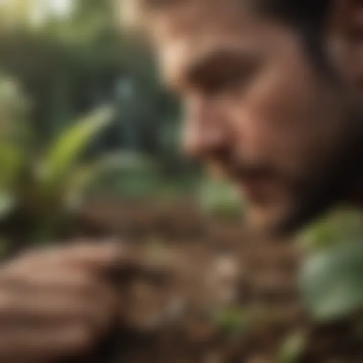 Gardener inspecting plants for cutworms