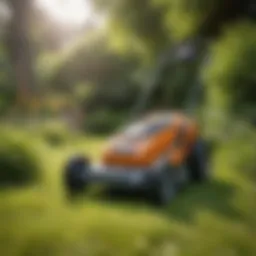 Compact design of a mini lawn mower in a garden setting