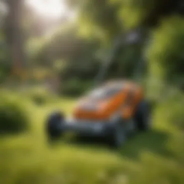 Compact design of a mini lawn mower in a garden setting