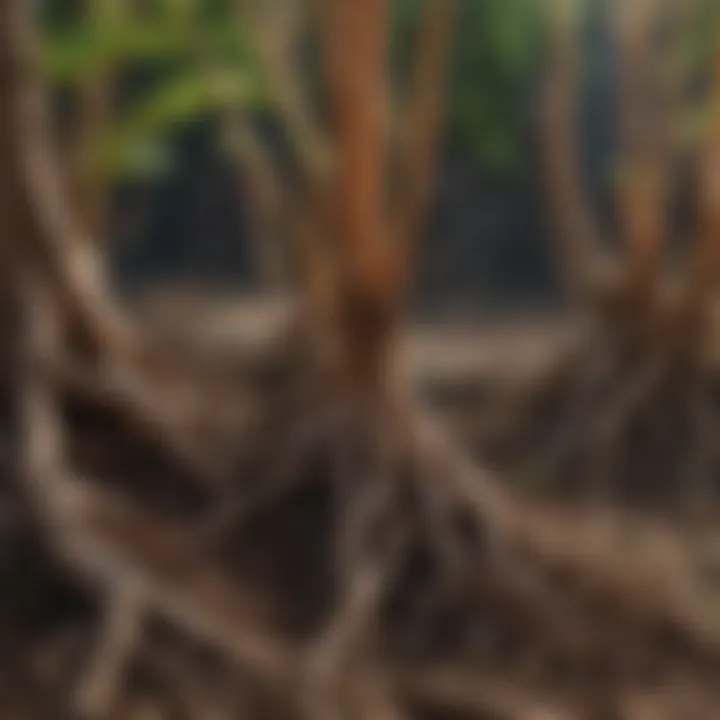 Close-up of plant roots absorbing moisture from soil