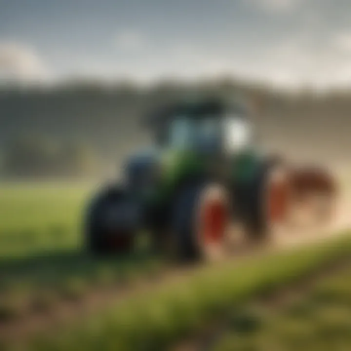 Tractor using a plug aerator in a lush green field