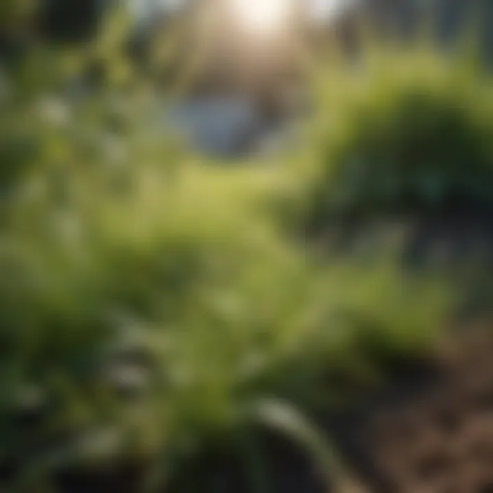 A lush green lawn with visible weed patches