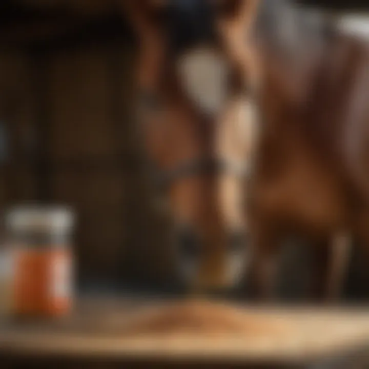 A horse being administered a probiotic supplement in a stable