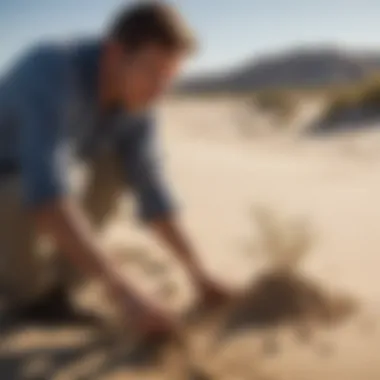 Researcher studying sand spurs in the field