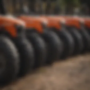 Variety of subcompact tractor forks displayed for comparison.