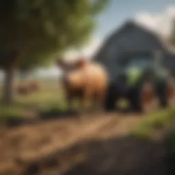 Illustration of a browser hog waterer in a lush farm setting