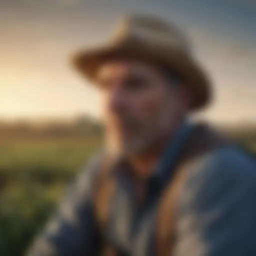 A farmer contemplating financial decisions in a field