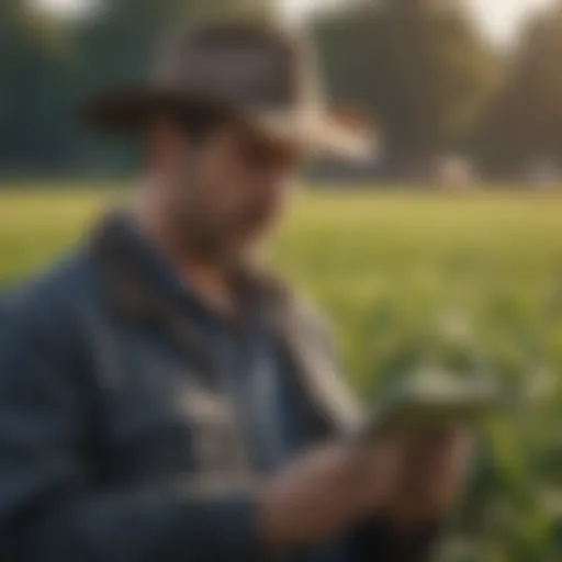 A modern farmer analyzing crop data on a tablet in a field