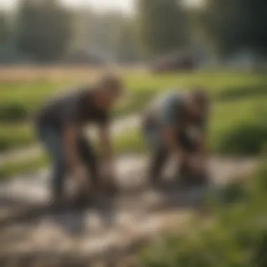 Farmers Utilizing Anti Weed Tarps in Sustainable Practices Farmers utilizing anti weed tarps in a sustainable farming practice