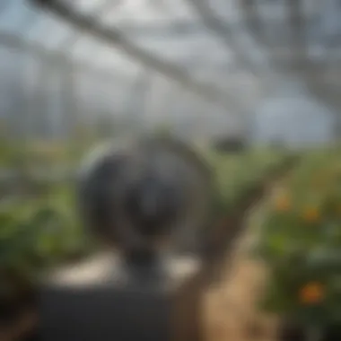 Small fan motor in action within a greenhouse setting