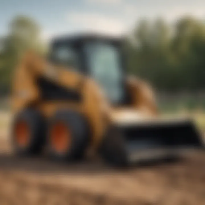 Close-up view of a skid steer showcasing its width and design