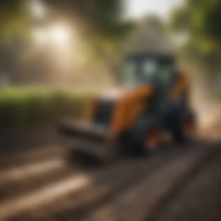Skid steer maneuvering through a narrow farm path