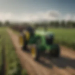 An overview of a used John Deere deck in a lush agricultural field