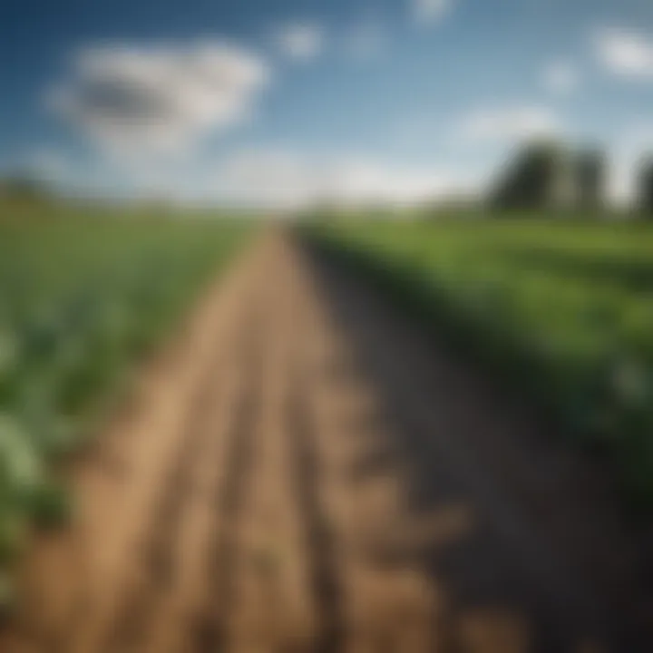 A thriving farm landscape showcasing diverse crops under a clear blue sky