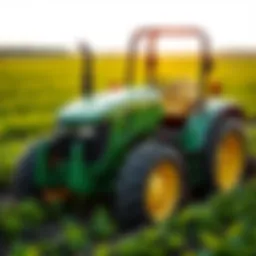 Compact John Deere tractor in a vibrant green field