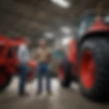 Farmers examining a used tractor at a dealership