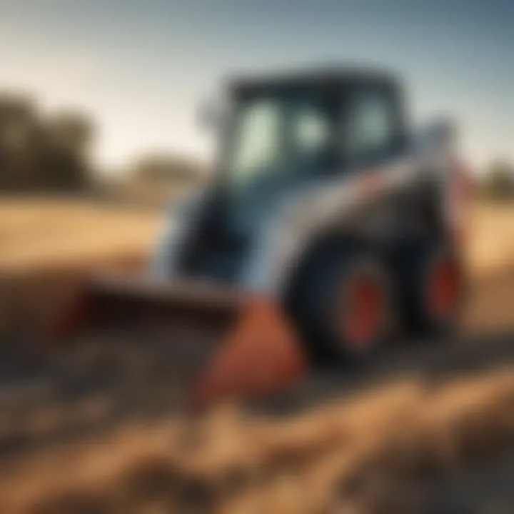 Bobcat skid steer in agricultural field with hay spear