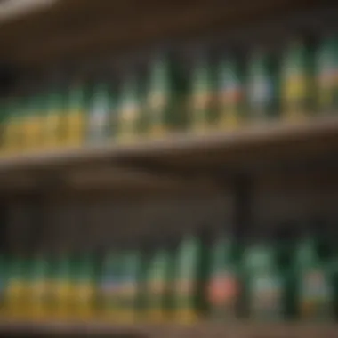 A variety of hose-connected weed killer products displayed on a shelf