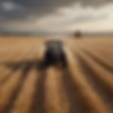 A tractor in action in a vast wheat farming landscape