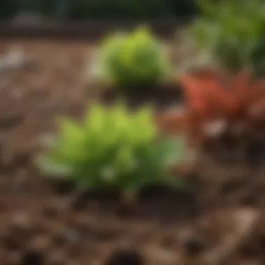 A close-up of mulched leaves enriching the soil in a garden bed.